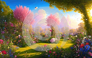 Paradise garden full of flowers, beautiful idyllic background with many flowers in Eden, illustration with Fairytale colors.