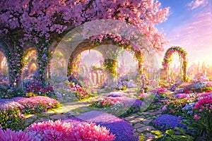 Paradise garden full of flowers, beautiful idyllic background with many flowers in Eden photo