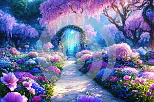 Paradise garden full of flowers, beautiful idyllic background with many flowers in Eden photo