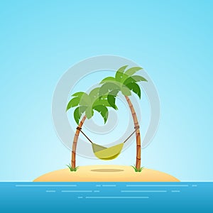 Paradise in Hawaii. Tropical island in the sea with palms and hammock. Place to spend a vacation away from civilization.