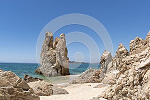 Paradise hidden sandy sea beach, unique rock formations on Halkidiki, Greece. Natural wonder nature, travel destination