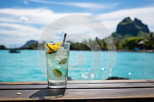 Paradise island delight. A captivating beach bar scene showcasing a refreshing cocktail on the vibrant counter