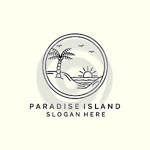 paradise island with emblem and line art style logo icon template design. palm tree, wave, beach, sun, bird vector illustration