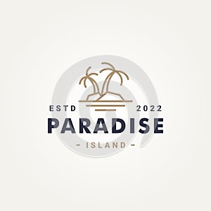 Paradise island simple line art logo template vector illustration design. minimalist elegant beach island with pine tree logo