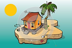 Paradise Island with Small House and Palm Tree