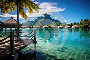 Paradise island with water bungalows at Seychelles, A peaceful and tranquil lagoon in Bora Bora, French Polynesia, AI Generated