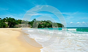 Paradise Karon beach. Thailand, Phuket. Concept of travel and exotic holidays