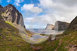 Paradise Kvalvika beach on Lofoten islands Norway