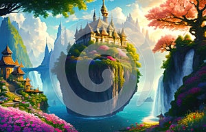 Paradise land with beautiful gardens, waterfalls and flowers, magical idyllic background with many flowers in eden. Generative Ai