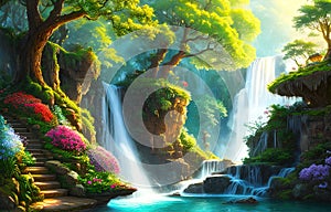 Paradise land with beautiful gardens, waterfalls and flowers, magical idyllic background with many flowers in eden. Generative Ai