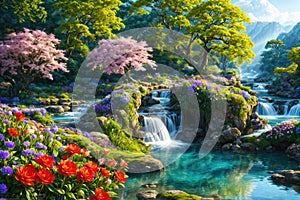 Paradise landscape with beautiful gardens, waterfalls and flowers, magical idyllic background with many flowers in eden