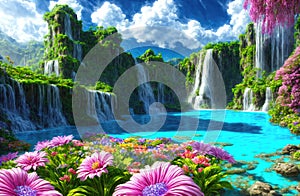 Paradise landscape with beautiful gardens, waterfalls and flowers, magical idyllic background with many flowers in eden