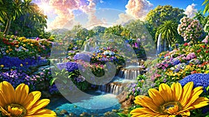 Paradise landscape with beautiful gardens, waterfalls and flowers, magical idyllic background with many flowers in eden