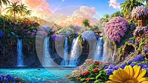 Paradise landscape with beautiful gardens, waterfalls and flowers, magical idyllic background with many flowers in eden