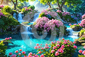 Paradise landscape with beautiful gardens, waterfalls and flowers, magical idyllic background with many flowers in eden