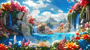 Paradise landscape with beautiful gardens, waterfalls and flowers, magical idyllic heavenly view with beautiful fantastic flowers