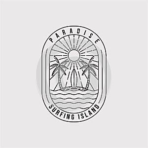 Paradise line art logo vector illustration design. surfing island emblem symbol. palm tree line art icon