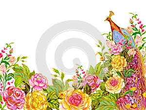 Paradise Phoenix bird Peacock Firebird with Rose botanical blossom blooming carden tribal folk traditional frame border banner