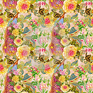 Paradise Phoenix bird Peacock Firebird with Rose botanical blossom blooming carden tribal folk traditional Seamless Pattern