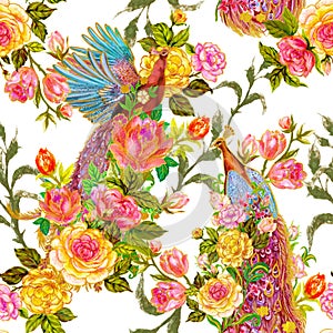 Paradise Phoenix bird Peacock Firebird with Rose botanical blossom blooming carden tribal folk traditional Seamless Pattern