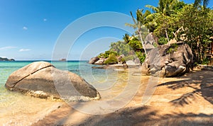 Paradise picturesque tropical sandy Sairee Beach on Koh Tao Island in Thailand