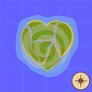 Paradise place. Island of love. A vector illustration, a heart-shaped island in the endless ocean, which can only be