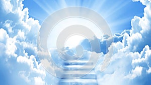 Stairway to Heaven.Stairs in sky. Concept with sun and clouds. Religion background with copy space photo