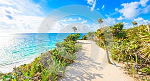 Paradise Scenery of Tulum at tropical coast and beach. Mayan ruins of Tulum, Quintana Roo, Mexico