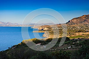 Paradise sea panorama from coastline trail of Scopello, Italy