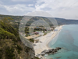 Paradise of the sub, beach with promontory overlooking the sea. Zambrone, Calabria, Italy. Aerial view