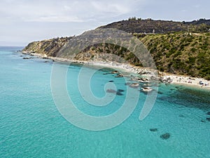 Paradise of the sub, beach with promontory overlooking the sea. Zambrone, Calabria, Italy. Aerial view