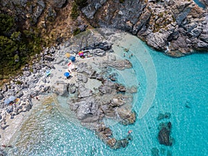 Paradise of the sub, beach with promontory overlooking the sea. Zambrone, Calabria, Italy. Aerial view