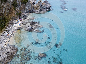 Paradise of the sub, beach with promontory overlooking the sea. Zambrone, Calabria, Italy. Aerial view