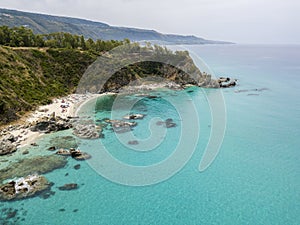 Paradise of the sub, beach with promontory overlooking the sea. Zambrone, Calabria, Italy. Aerial view