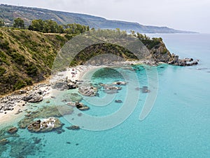 Paradise of the sub, beach with promontory overlooking the sea. Zambrone, Calabria, Italy. Aerial view