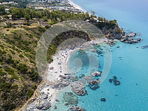 Paradise of the sub, beach with promontory overlooking the sea. Zambrone, Calabria, Italy. Aerial view