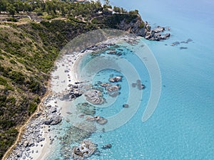 Paradise of the sub, beach with promontory overlooking the sea. Zambrone, Calabria, Italy. Aerial view