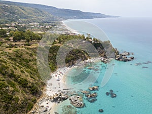 Paradise of the sub, beach with promontory overlooking the sea. Zambrone, Calabria, Italy. Aerial view