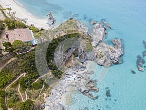 Paradise of the sub, beach with promontory overlooking the sea. Zambrone, Calabria, Italy. Aerial view