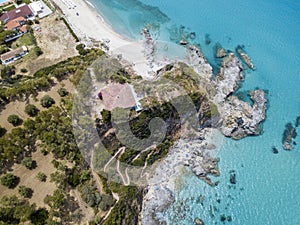 Paradise of the sub, beach with promontory overlooking the sea. Zambrone, Calabria, Italy. Aerial view