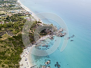 Paradise of the sub, beach with promontory overlooking the sea. Zambrone, Calabria, Italy. Aerial view