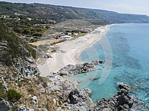 Paradise of the sub, beach with promontory overlooking the sea. Zambrone, Calabria, Italy. Aerial view