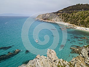 Paradise of the sub, beach with promontory overlooking the sea. Zambrone, Calabria, Italy. Aerial view