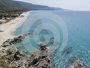 Paradise of the sub, beach with promontory overlooking the sea. Zambrone, Calabria, Italy. Aerial view