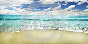 Paradise summer holiday on tropical island resort with sandy beach and blue sea. Sea shore panorama. Summer vacation banner