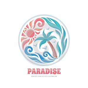 Paradise - summer travel vacation vector business logo concept illustration in circle shape. Tropic beach color sign.