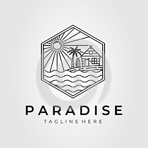 Paradise surfing logo. ocean, summer, beach, sunburst logo template vector illustration design
