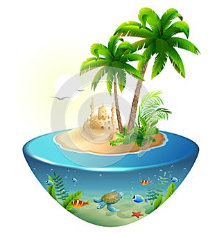 Paradise tropical island in sea. Palm, sand castle and sea turtle. Summer beach vacation holidays