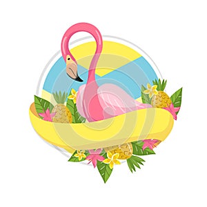 Paradise tropical summer label, design element with palm leaves, flowers, pineapples and flamingo vector Illustration