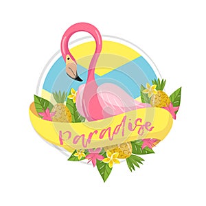 Paradise tropical summer label, design element with palm leaves, flowers, pineapples and flamingo vector Illustration